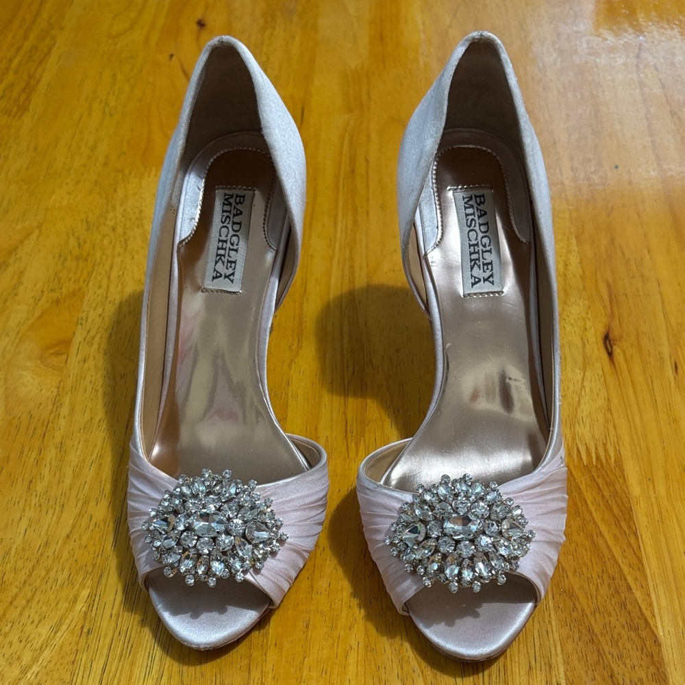 Badgley Mischka Pink Satin Heels with Sparkling Embellishment